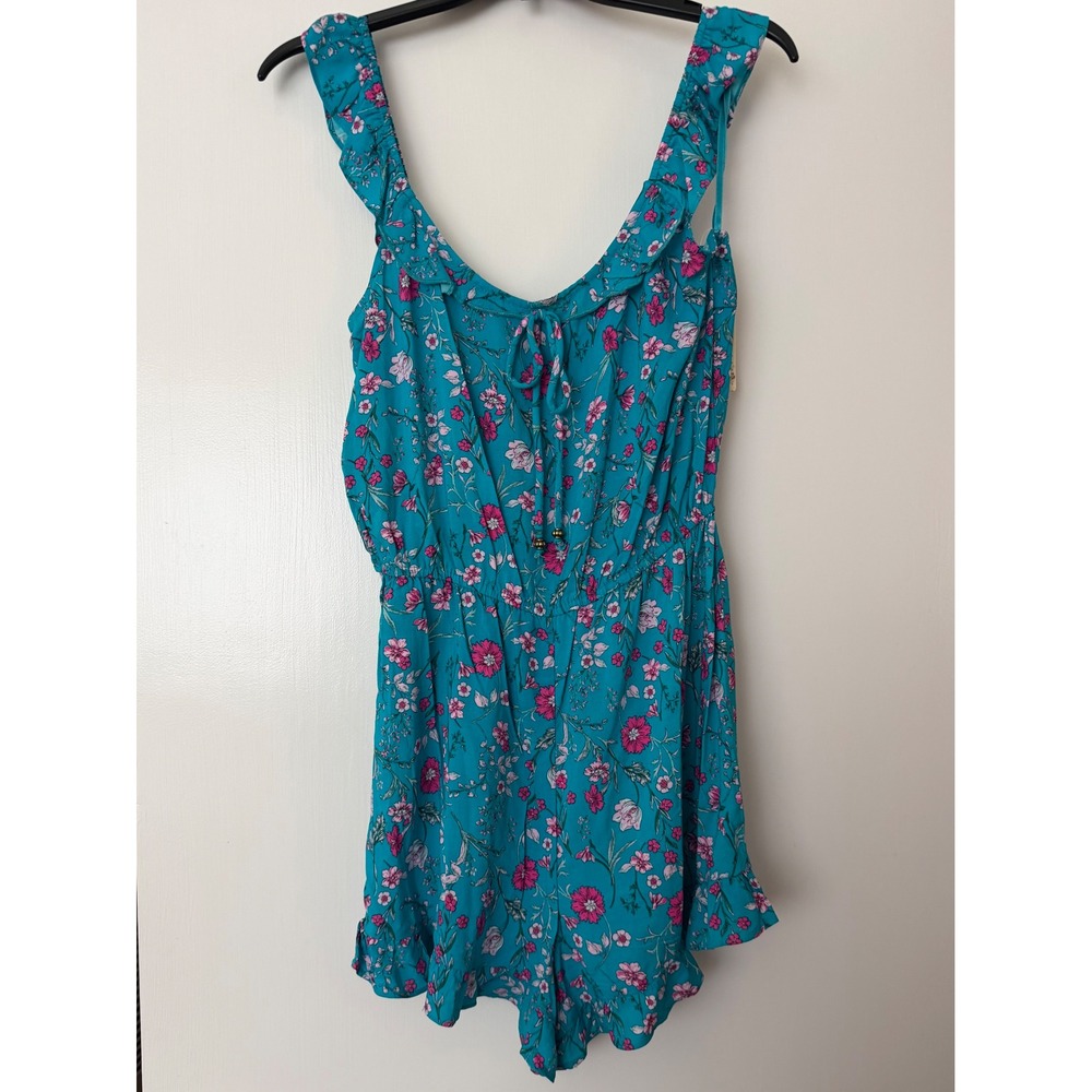 NWT Bebop Womens Teal Floral Ruffle Tie Front Romper Size M  RAHX-3027